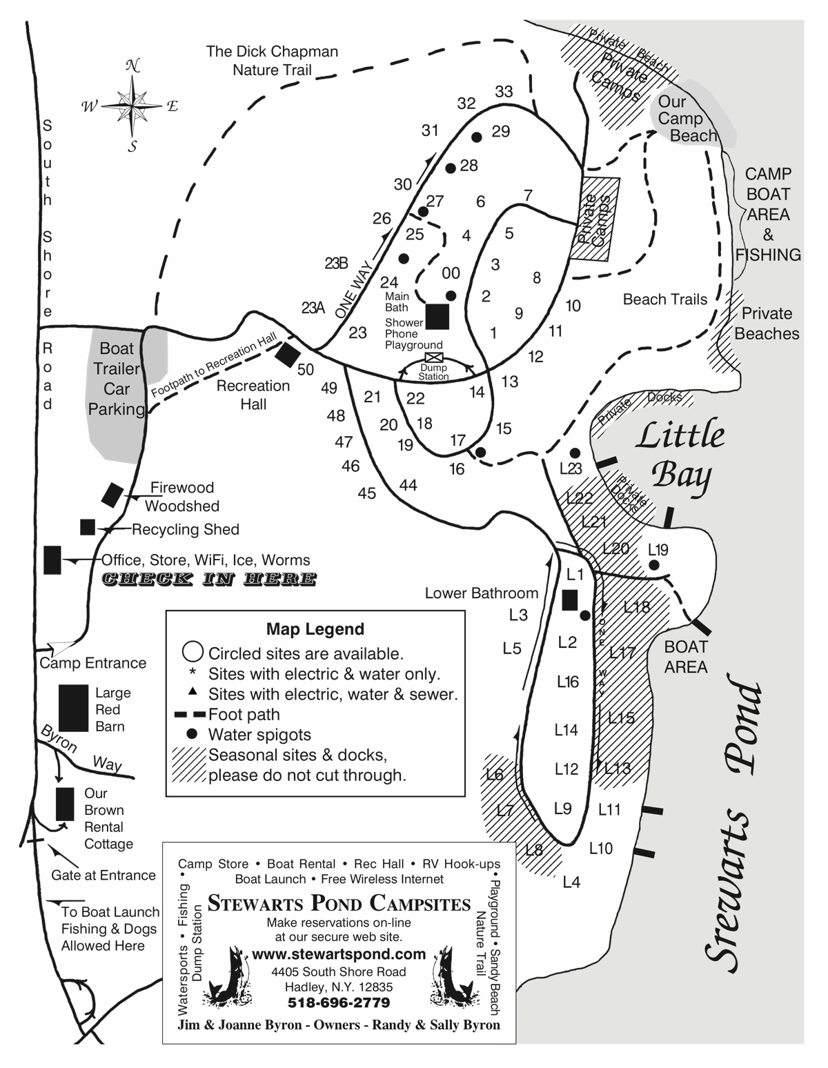 Map of the campground with site numbers, trails and bathroom locations